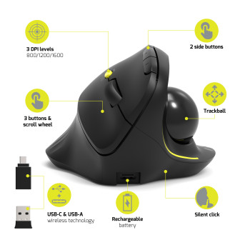 Bezprzewodowa i ładowalna ergonomiczna mysz Bluetooth® z kulką kierunkową