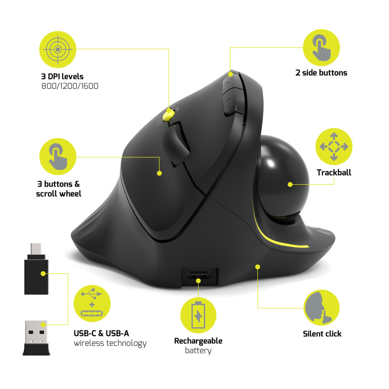 Souris ergonomique Bluetooth® sans fil & rechargeable avec boule directionnelle