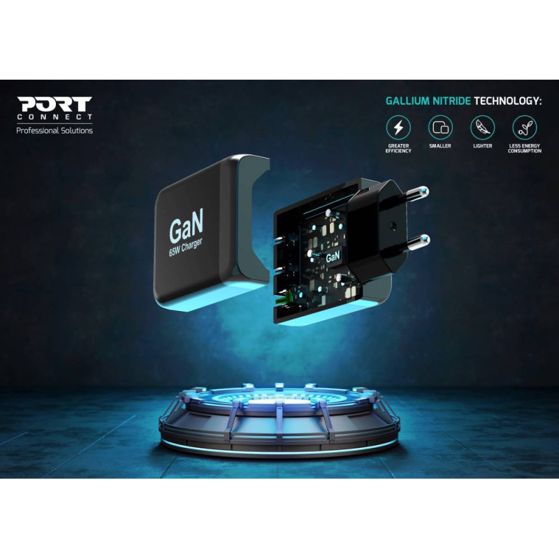 Chargeur mural GaN 65W USB-C Power Delivery ™  3.0 & USB-A charge rapide câble USB-C 2M fourni noir