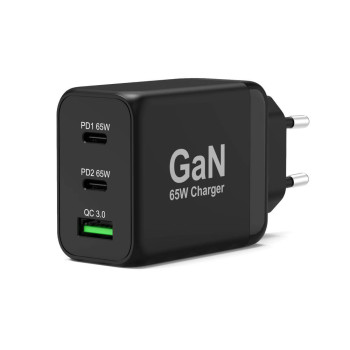 65W GaN wall charger USB-C Power Delivery ™ 3.0 & USB-A fast charging 2M USB-C cable supplied black