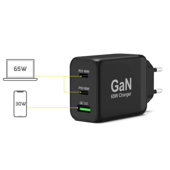 Ładowarka ścienna GaN 65 W USB-C Power Delivery ™ 3.0 i szybkie ładowanie USB-A 2-metrowy kabel USB-C w zestawie czarny
