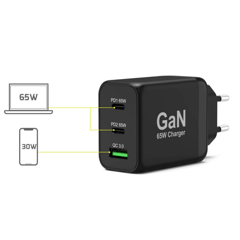 Chargeur mural GaN 65W USB-C Power Delivery ™  3.0 & USB-A charge rapide câble USB-C 2M fourni noir