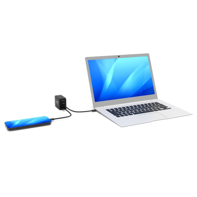 Chargeur mural GaN 65W USB-C Power Delivery ™  3.0 & USB-A charge rapide câble USB-C 2M fourni noir