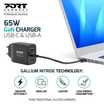 Chargeur mural GaN 65W USB-C Power Delivery ™  3.0 & USB-A charge rapide câble USB-C 2M fourni noir