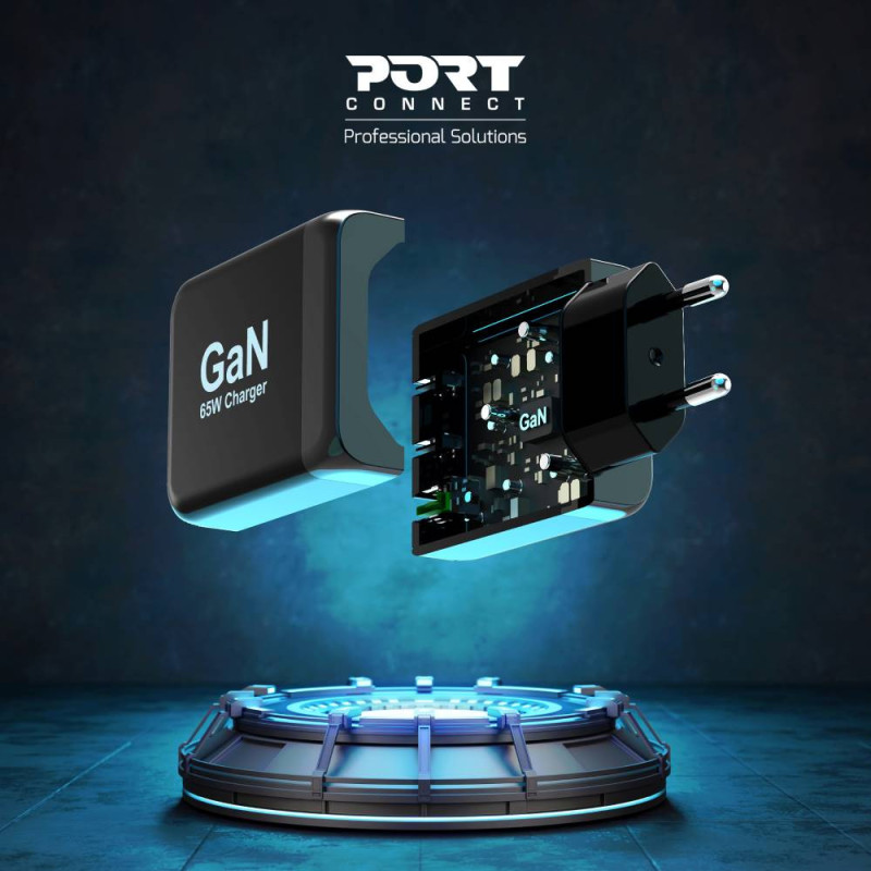 Chargeur mural GaN 65W USB-C Power Delivery ™  3.0 & USB-A charge rapide câble USB-C 2M fourni noir