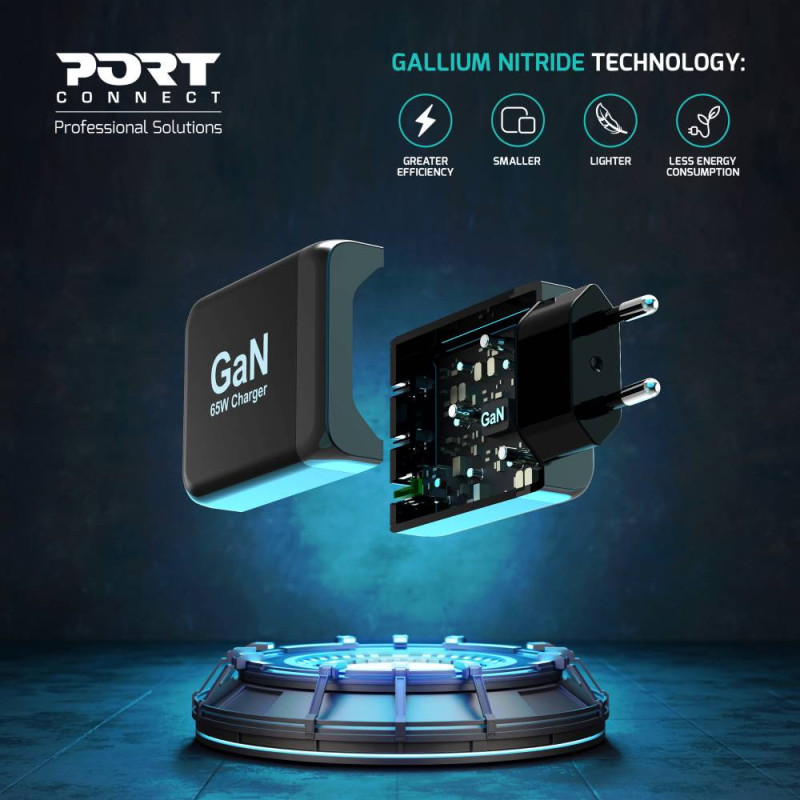 Chargeur mural GaN 65W USB-C Power Delivery ™  3.0 & USB-A charge rapide câble USB-C 2M fourni noir