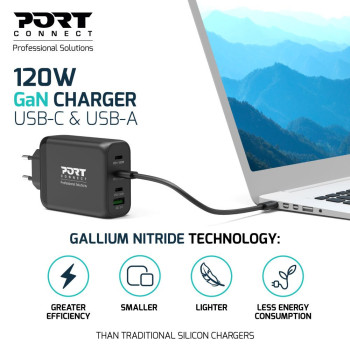 GaN wall charger 120W USB-C Power Delivery ™ 3.0 & USB-A fast charging 2M USB-C cable supplied black