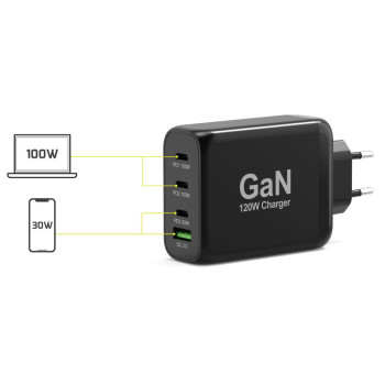 Ładowarka ścienna GaN 120W USB-C Power Delivery ™ 3.0 i szybkie ładowanie USB-A Kabel 2M USB-C w zestawie czarny