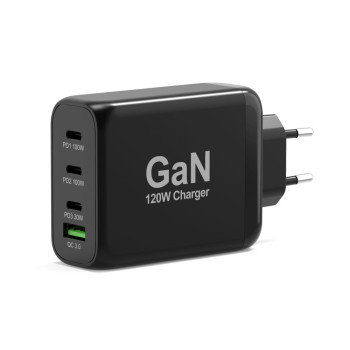 GaN-Wandladegerät 120 W USB-C Power Delivery ™ 3.0 & USB-A-Schnellladekabel 2 m USB-C-Kabel in Schwarz geliefert