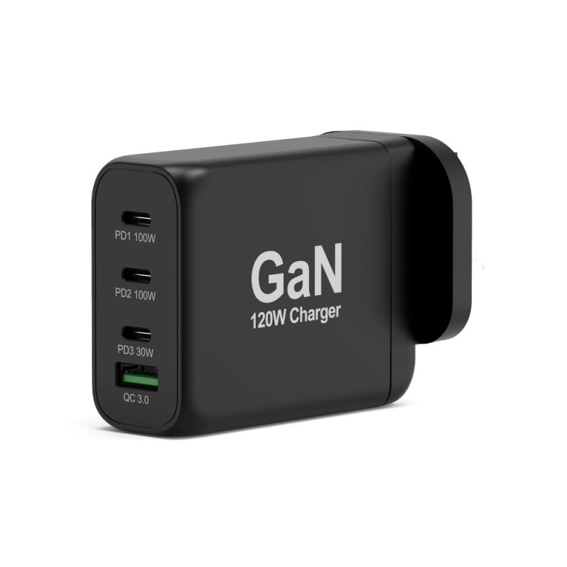 GaN wall charger 120W USB-C Power Delivery ™ 3.0 & USB-A fast charging 2M  USB-C cable supplied black