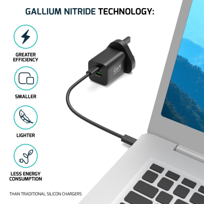Gan 45W väggladdare USB-C Power Delivery ™ 3.0 & USB-A snabbladdning 2M USB-C-kabel medföljer svart