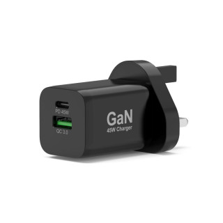 Gan 45W wall charger USB-C Power Delivery ™ 3.0 & USB-A fast charging 2M USB-C cable supplied black
