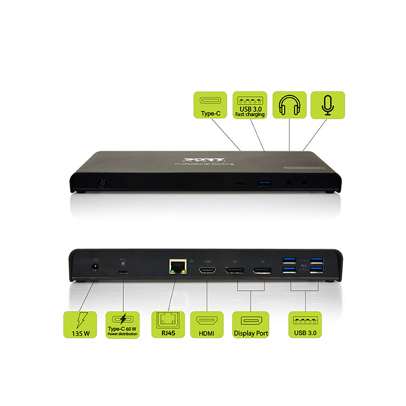 Stationär dockningsstation 3 X 4K USB-A & USB-C 12 enheter 85W