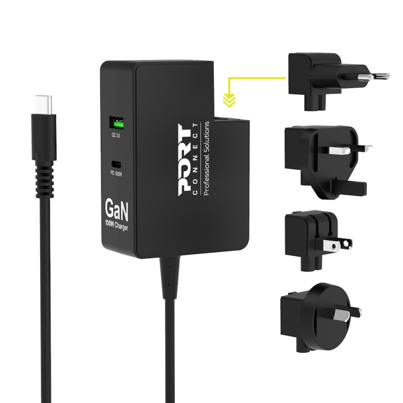 Cargador de pared internacional GaN 100W USB-C y USB-A