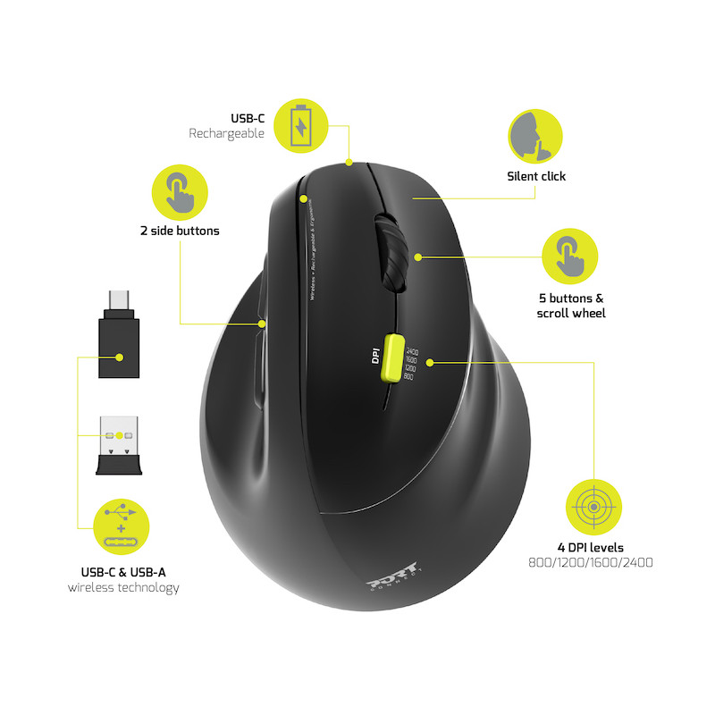 Souris ERGO droitier sans fil 2.4 GHz Bluetooth rechargeable