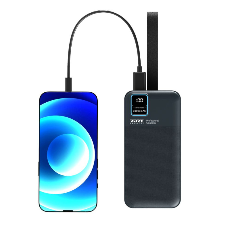 Batterie Externe 30000mAh PORT Connect – USB-A QC, LCD, Lampe LED