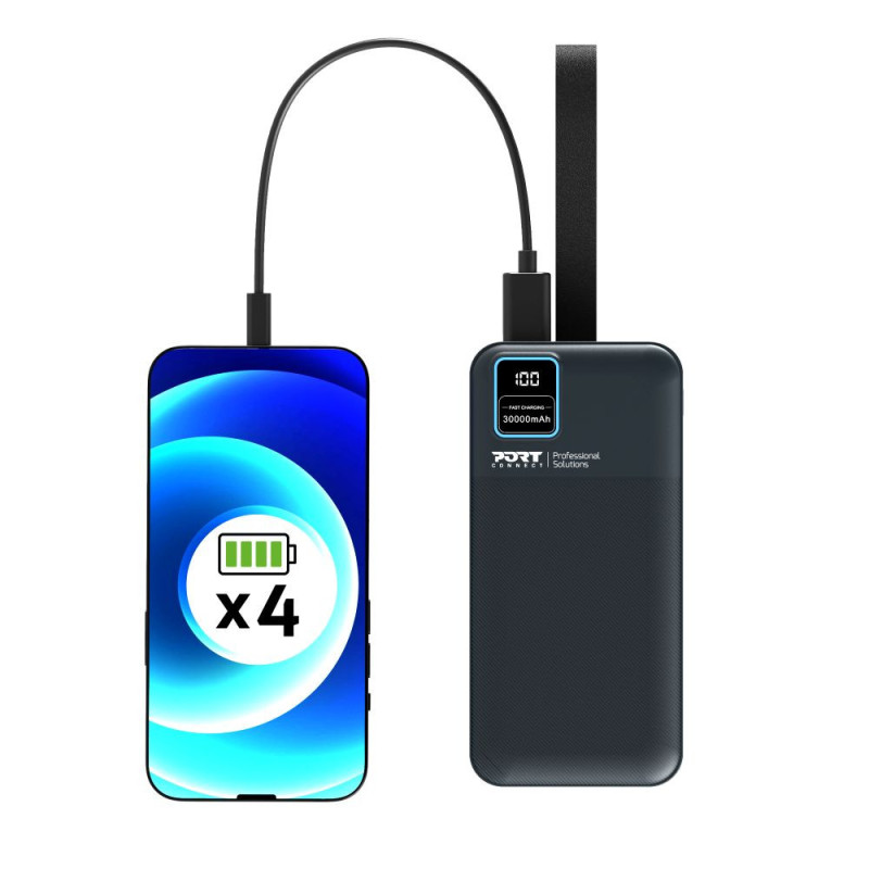 Batterie Externe 30000mAh PORT Connect – USB-A QC, LCD, Lampe LED