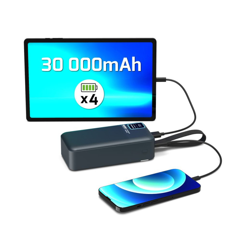 Batterie Externe 30000mAh PORT Connect – USB-A QC, LCD, Lampe LED
