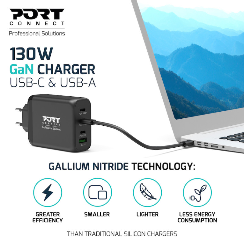 GaN 130W USB-C & USB-A Wall Charger – PORT Connect