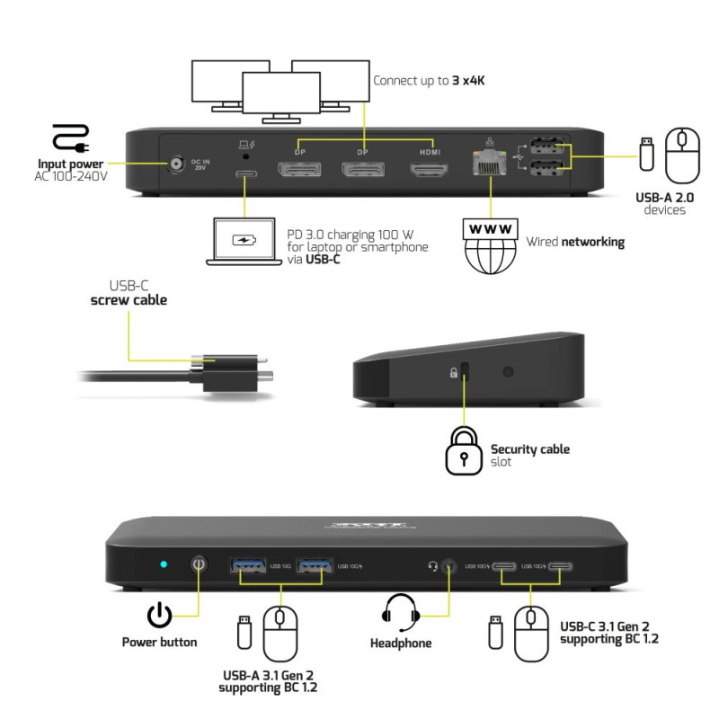 Station d’accueil triple écran 4K USB-C pro 100W – PORT Connect