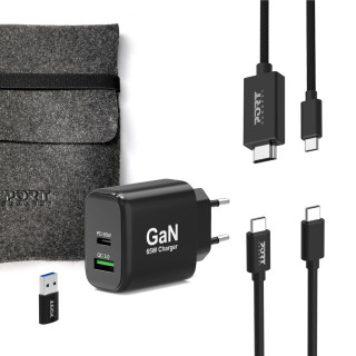 Pack 4-en-1 de Démarrage 65W PORT Connect – Chargeur GaN, Câbles USB-C & HDMI, Adaptateur USB-A/C