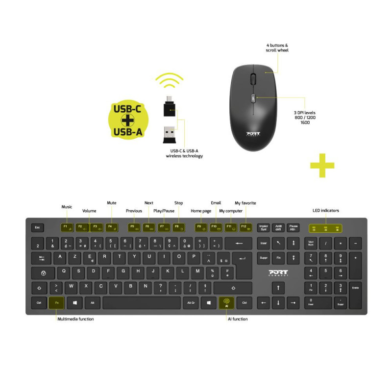Pack souris clavier sans fil SMART Azerty – USB-C/USB-A |
