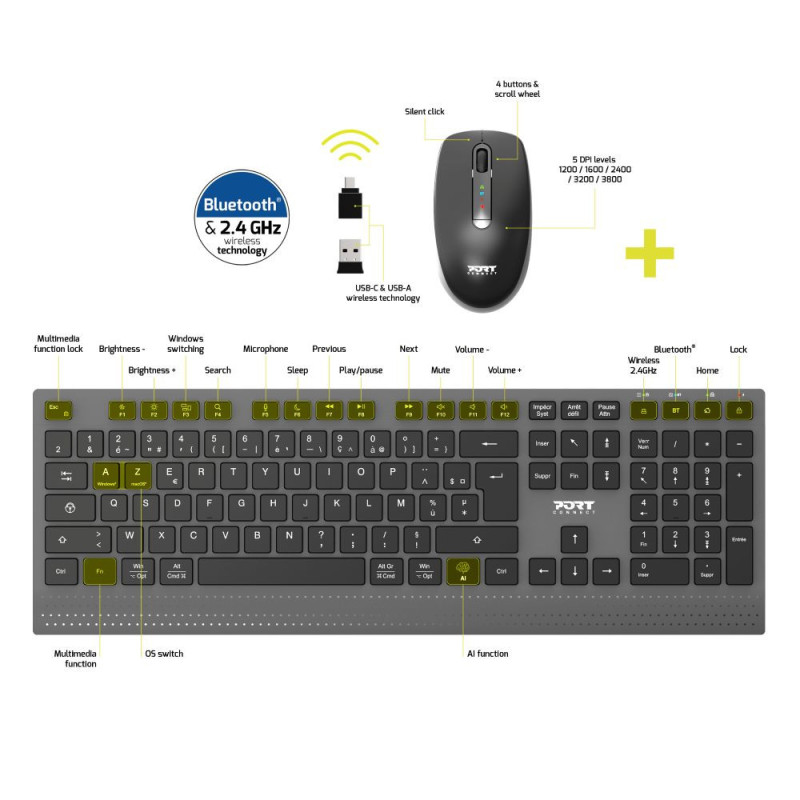 Pack clavier souris sans fil OPTIMUM Azerty – Bluetooth & 2.4 GHz | PORT Connect