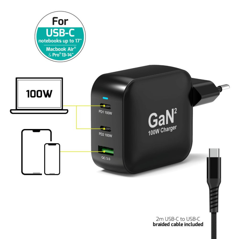 Chargeur GaN² 100W USB-C & USB-A -