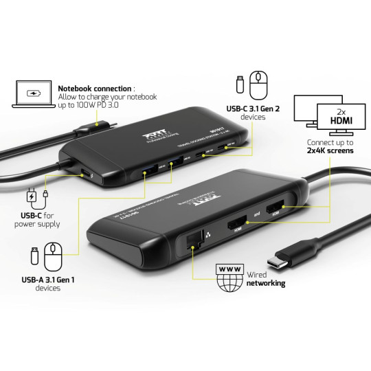 Stacja dokująca USB-C 2x 4K 100 W 7 portów | PORT Connect
