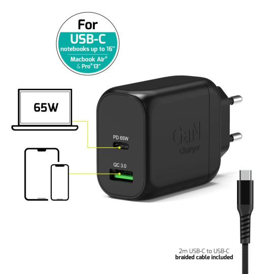 Chargeur GaN 65W USB-C & USB-A PORT Connect – Rapide, Compact, Universel