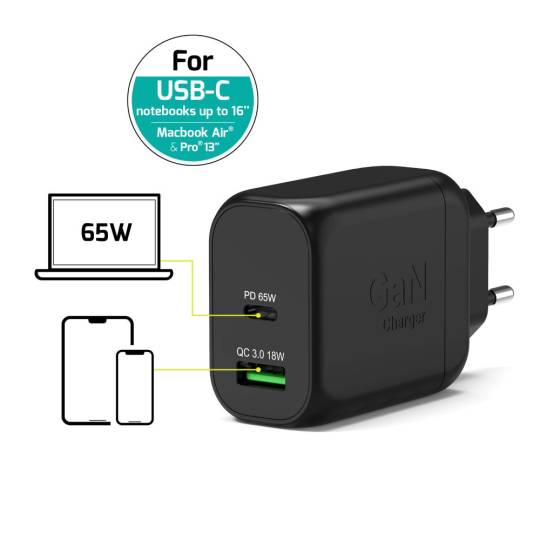 65W GaN Wall Charger with USB-C and USB-A ports | Compact fast charging – PORT Connect