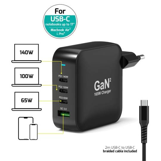 PRO 165W GaN USB-C Wall Charger with PD 3.1 + 2m USB-C cable