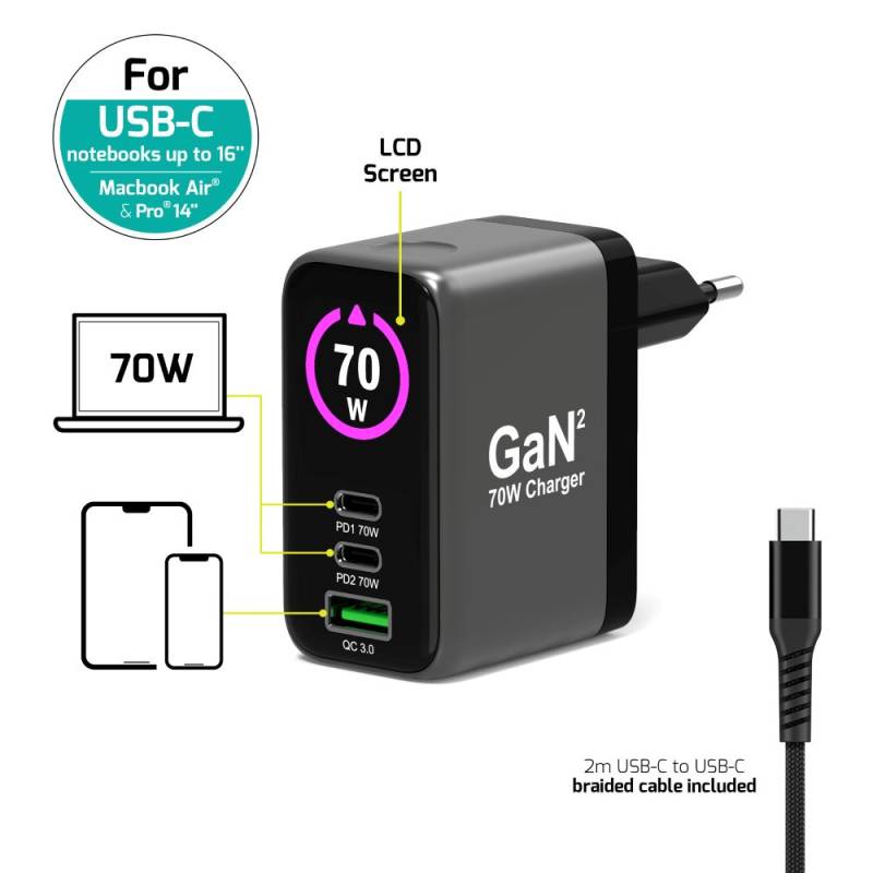 Chargeur Mural GaN 70W USB-C PD avec Écran OLED | PORT Connect
