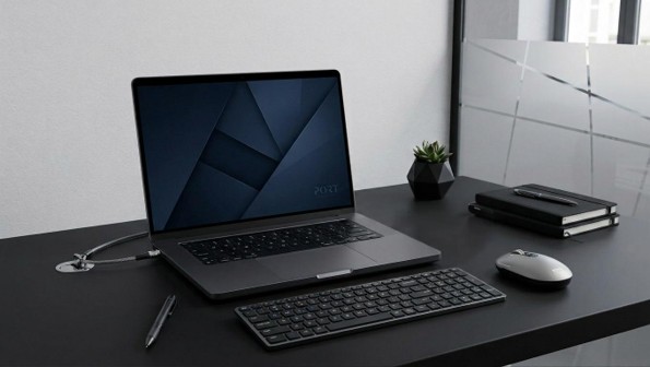 Câble de sécurité PORT Connect verrouillant un ordinateur portable sur un bureau Câble de sécurité PORT Connect verrouillant un ordinateur portable sur un bureau