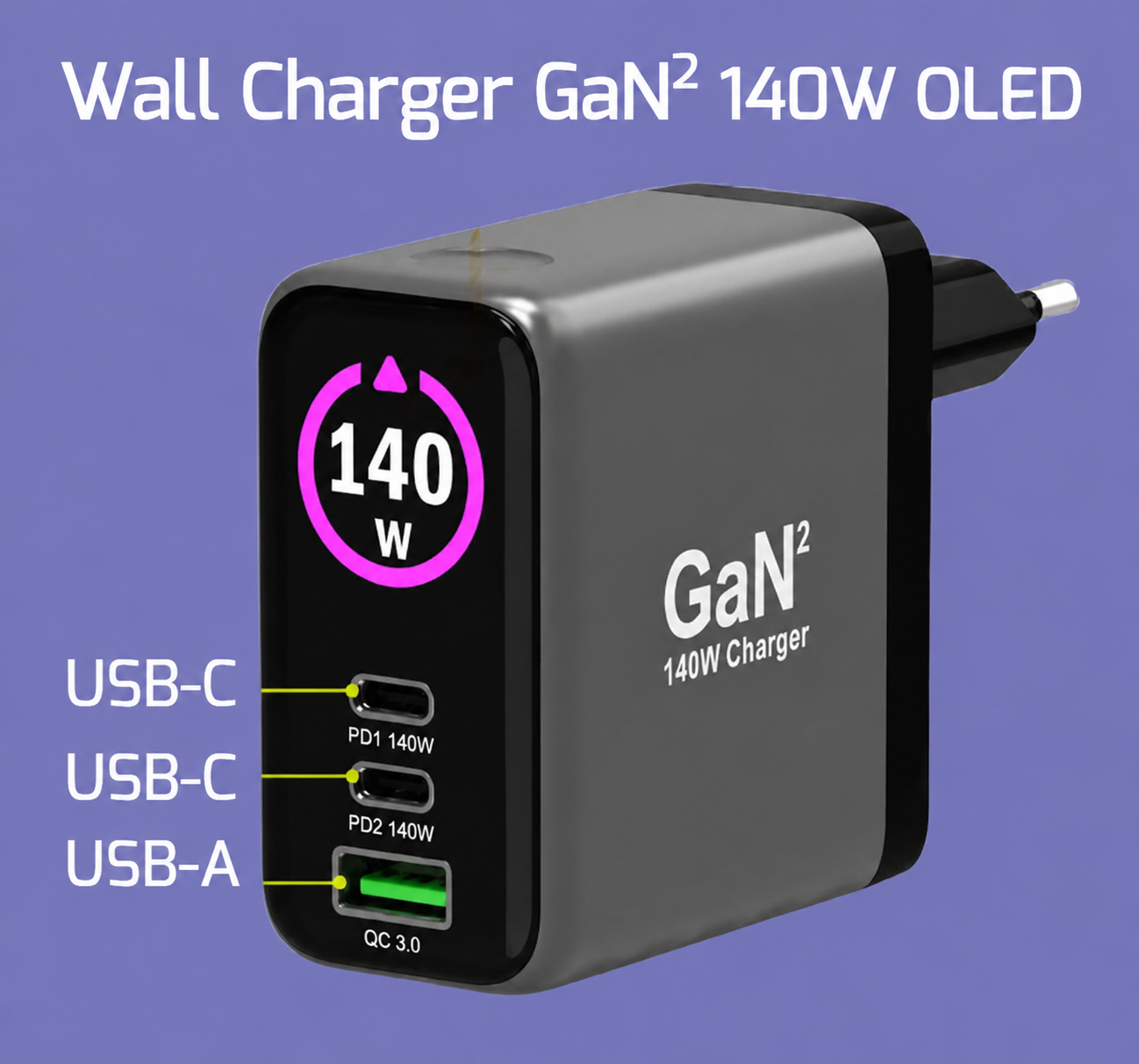 Chargeur Mural GaN² 140W OLED — USB-C, USB-C, USB-A Chargeur Mural GaN² 140W OLED — USB-C, USB-C, USB-A
