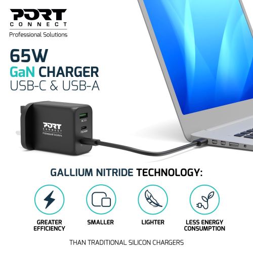 Cargador de pared de 65 W GaN USB-C Power Delivery ™ 3.0 y USB-A de carga  rápida Cable USB-C de 2 M suministrado negro